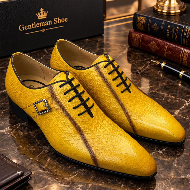 Luxury Yellow Textured Leather Monk Strap Oxfords Men's Formal Dress Shoes