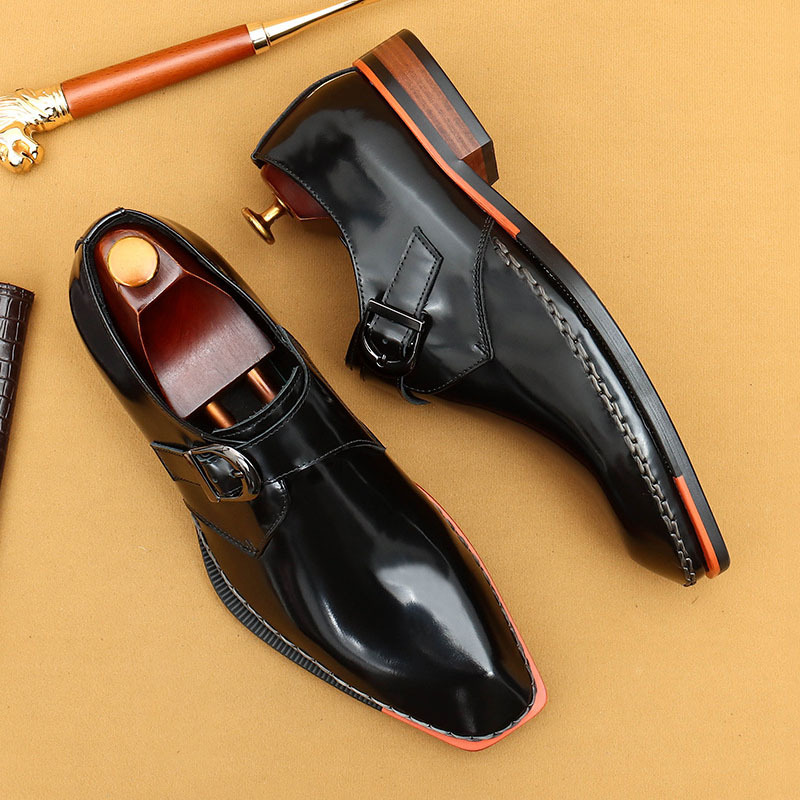 Men's Genuine Leather Glossy Buckle Monk Strap Shoes