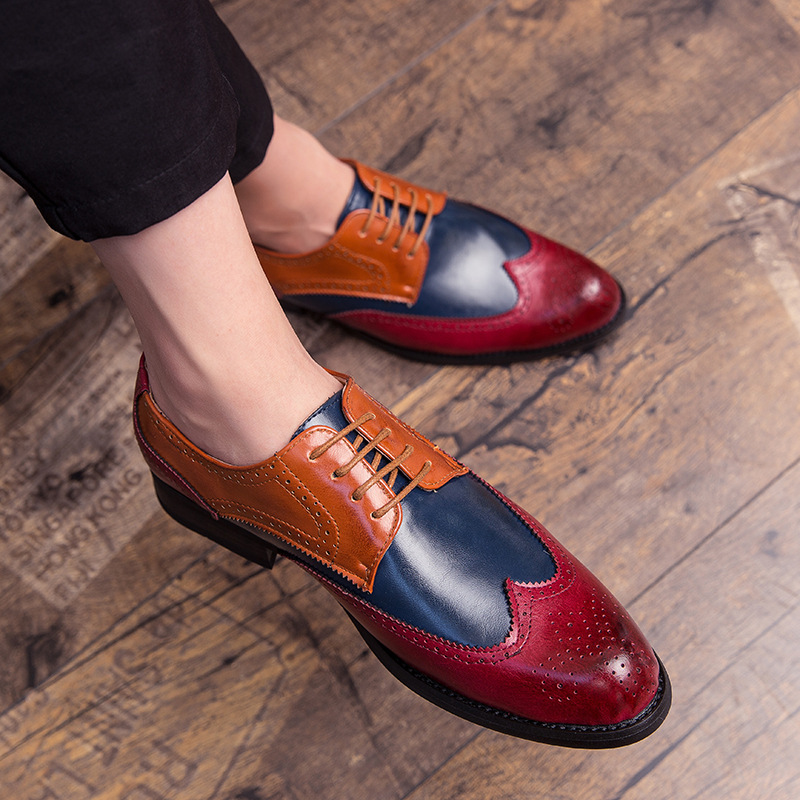 Carved English Style Color Matching Leather Shoes