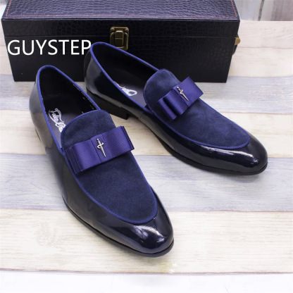 GUYSTEP-Handmade Genuine Patent Leather And Nubuck Leather Patchwork With Bow Tie Men Wedding Dress Shoes