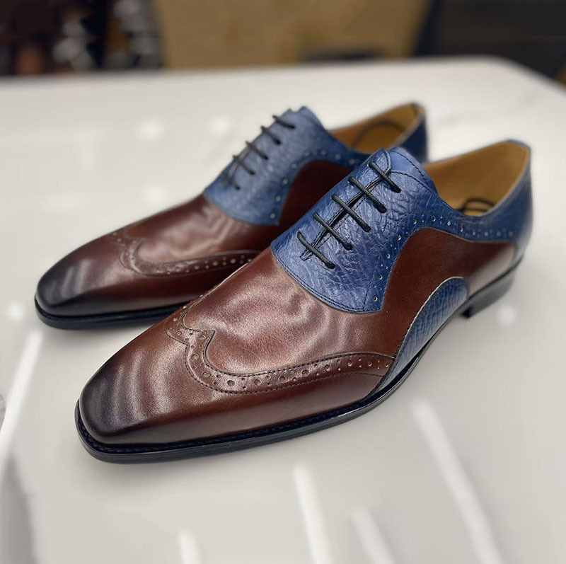 GENTLEMAN-Men's brown and blue leather stitching casual leather shoes