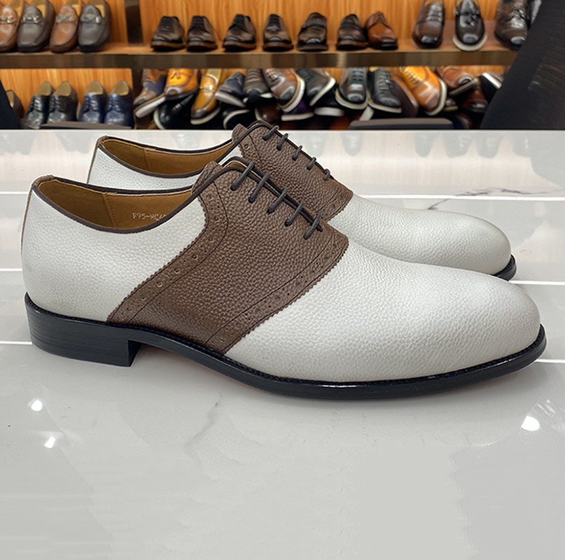 Men's Brown & White Patchwork Pebbled Grain Oxford Shoes