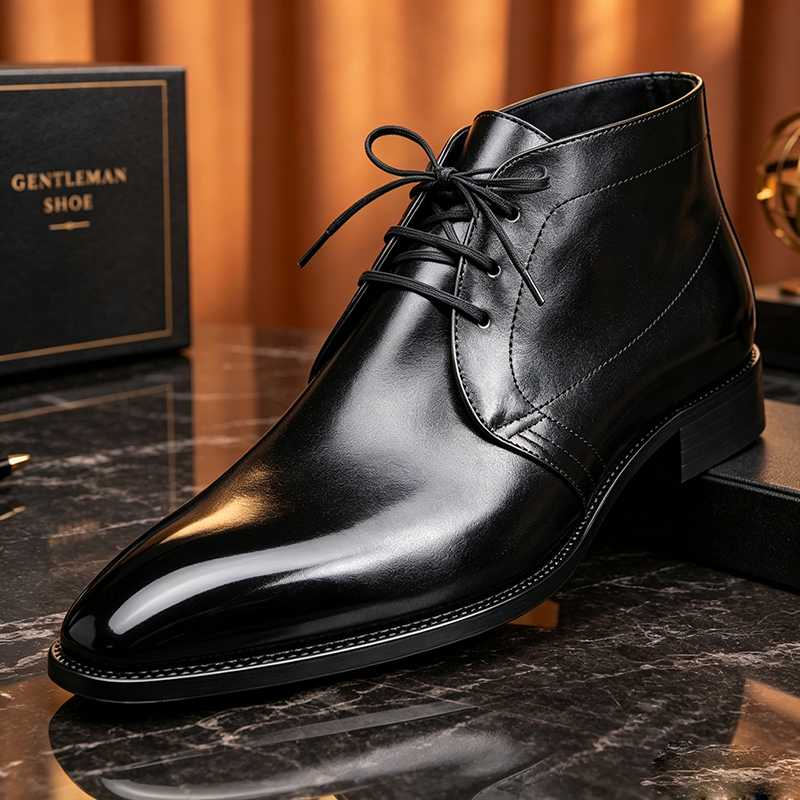 Hand Polished Black Leather Chukka Boots, Pointed Toe Lace-Up High Top Dress Boots for Gentlemen, Formal Business Ankle Shoes