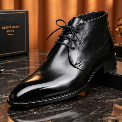 Hand Polished Black Leather Chukka Boots, Pointed Toe Lace-Up High Top Dress Boots for Gentlemen, Formal Business Ankle Shoes