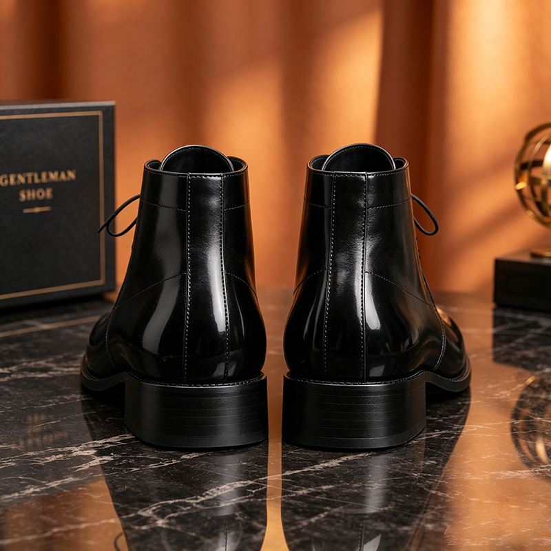 Hand Polished Black Leather Chukka Boots, Pointed Toe Lace-Up High Top Dress Boots for Gentlemen, Formal Business Ankle Shoes