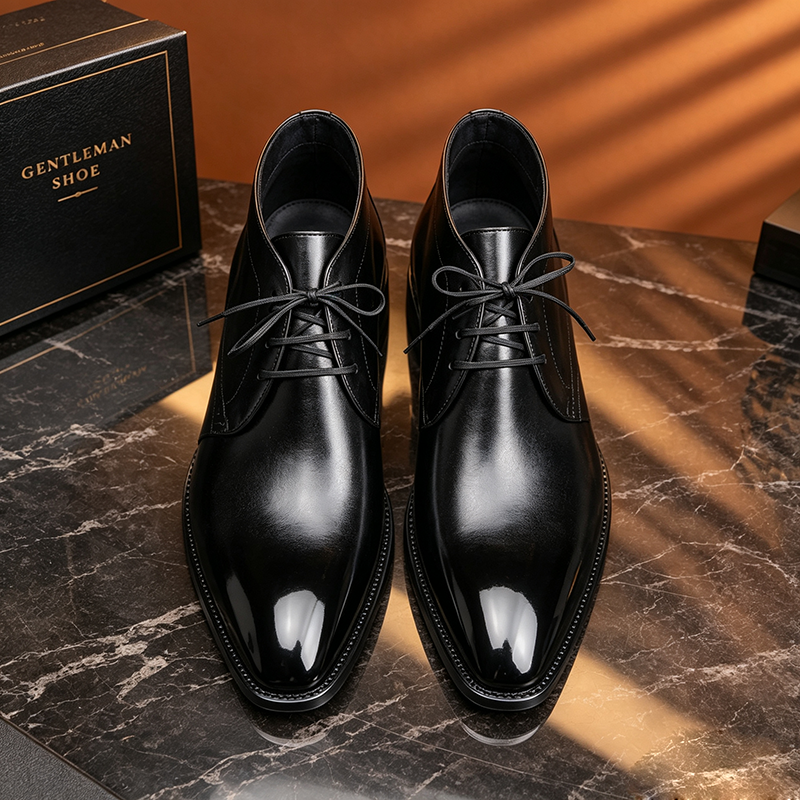 Hand Polished Black Leather Chukka Boots, Pointed Toe Lace-Up High Top Dress Boots for Gentlemen, Formal Business Ankle Shoes
