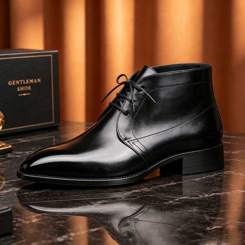 Hand Polished Black Leather Chukka Boots, Pointed Toe Lace-Up High Top Dress Boots for Gentlemen, Formal Business Ankle Shoes