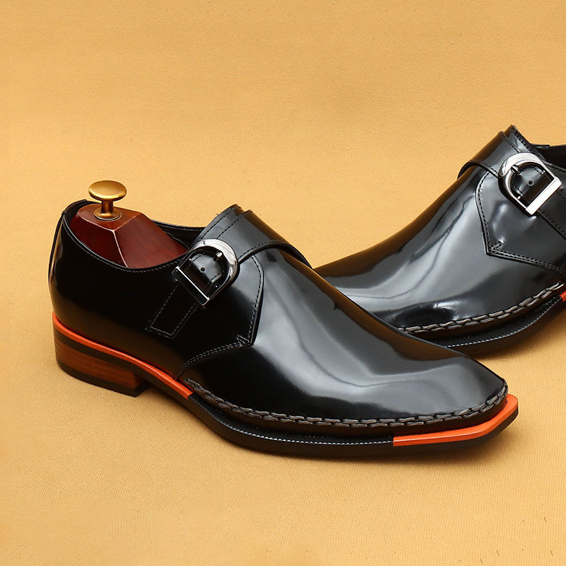 Men's Genuine Leather Glossy Buckle Monk Strap Shoes