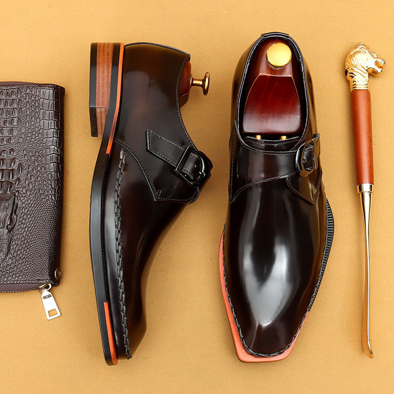 Men's Genuine Leather Glossy Buckle Monk Strap Shoes