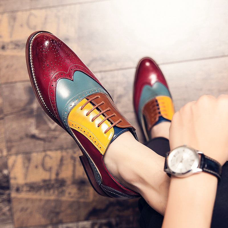 Carved English Style Color Matching Leather Shoes