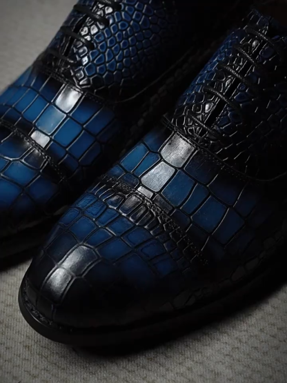 Men's Blue Crocodile Embossed Leather Oxford Shoes