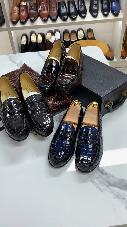 Men’s Crocodile Embossed Slip-On Loafers – Multi-Color Dress Shoes