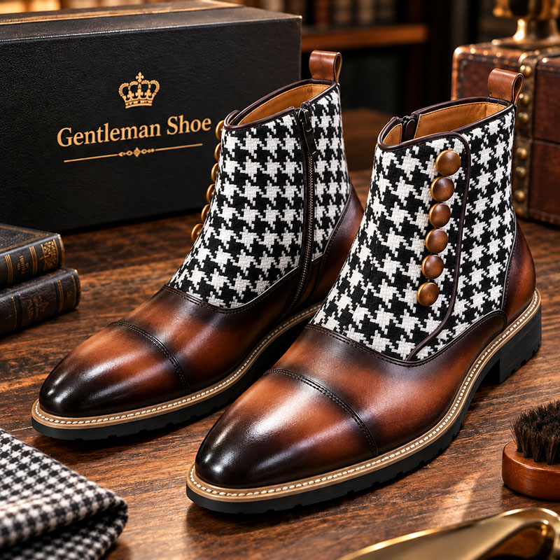 Men's Houndstooth Button Chelsea Boots, Vintage British Style Genuine Leather Patchwork Boots
