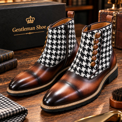 Men's Houndstooth Button Chelsea Boots, Vintage British Style Genuine Leather Patchwork Boots
