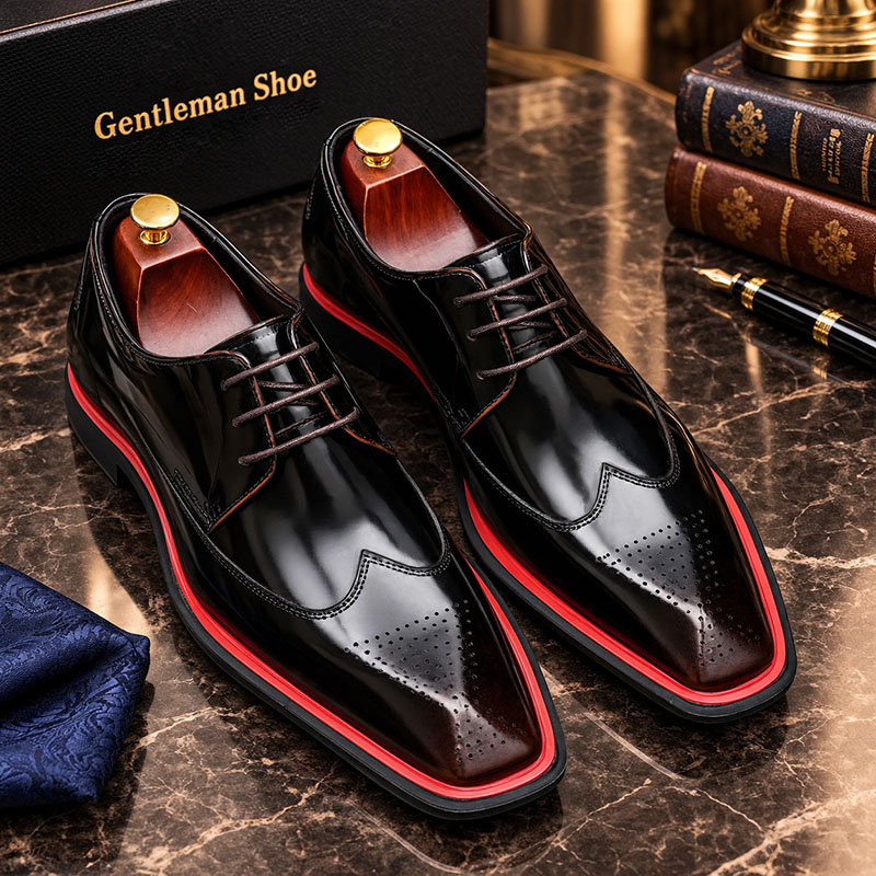 2026 New Fashionable Pointed Toe Lace-up Men's High-End Leather Shoes with Red and Blue Trim and Thick Sole Design