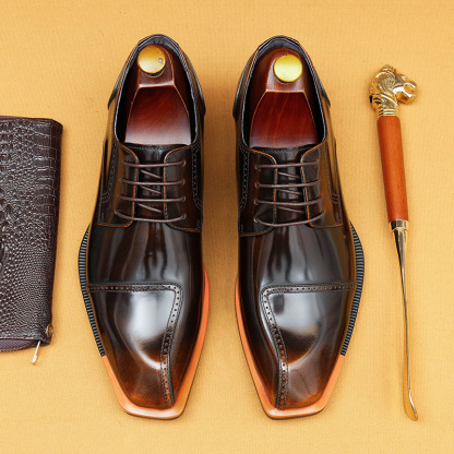Men's Genuine Patent Leather British-Style Square-Toe Business Formal Derby Shoes