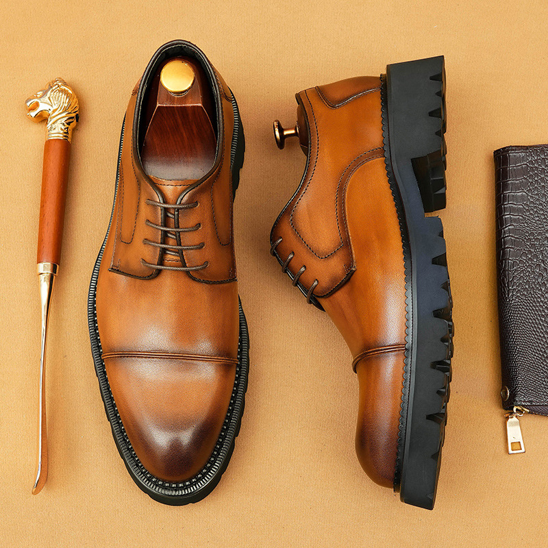 Men's Genuine Leather Distressed Burnished Platform Business-Casual Derby Shoes