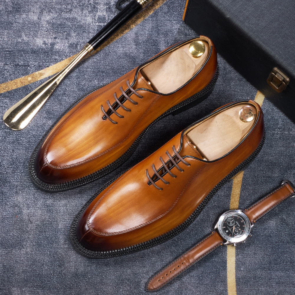 Men's Handmade Full-Grain Leather Oxford Shoes Vintage Burnished Formal Dress Shoes