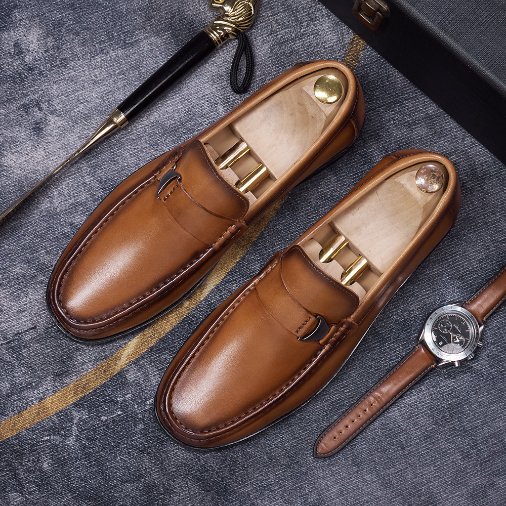 Men's Full-Grain Leather Metal Buckle Casual Loafers