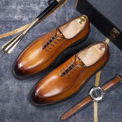 Men's Handmade Full-Grain Leather Oxford Shoes Vintage Burnished Formal Dress Shoes