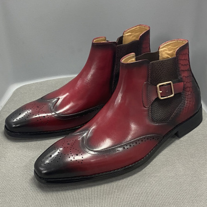 Men's Genuine Leather Snake Pattern Paneled Brogue Chelsea Boots