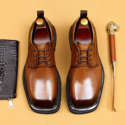 Men's Genuine Leather Square Toe Thick Sole Derby Shoes