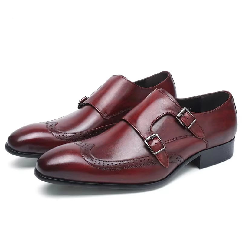 Men‘s Genuine Leather Pointed Toe Double Buckle Monk Strap Shoes