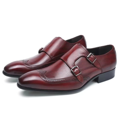 Men‘s Genuine Leather Pointed Toe Double Buckle Monk Strap Shoes