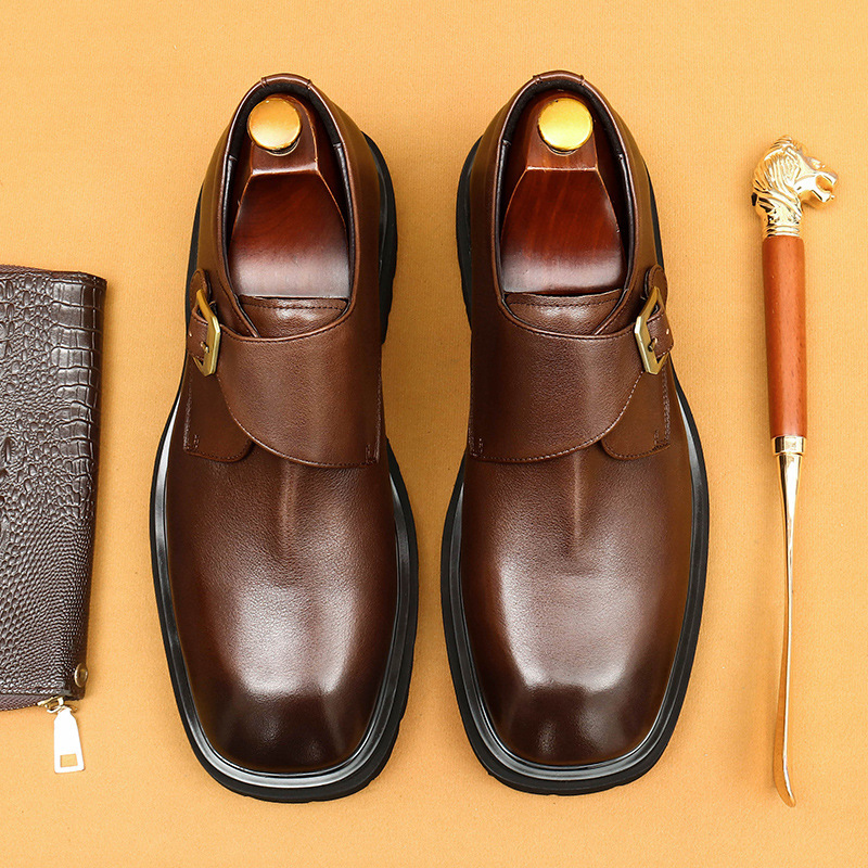 Men's Genuine Leather Square-Toe Wide-Fit Monk Shoes