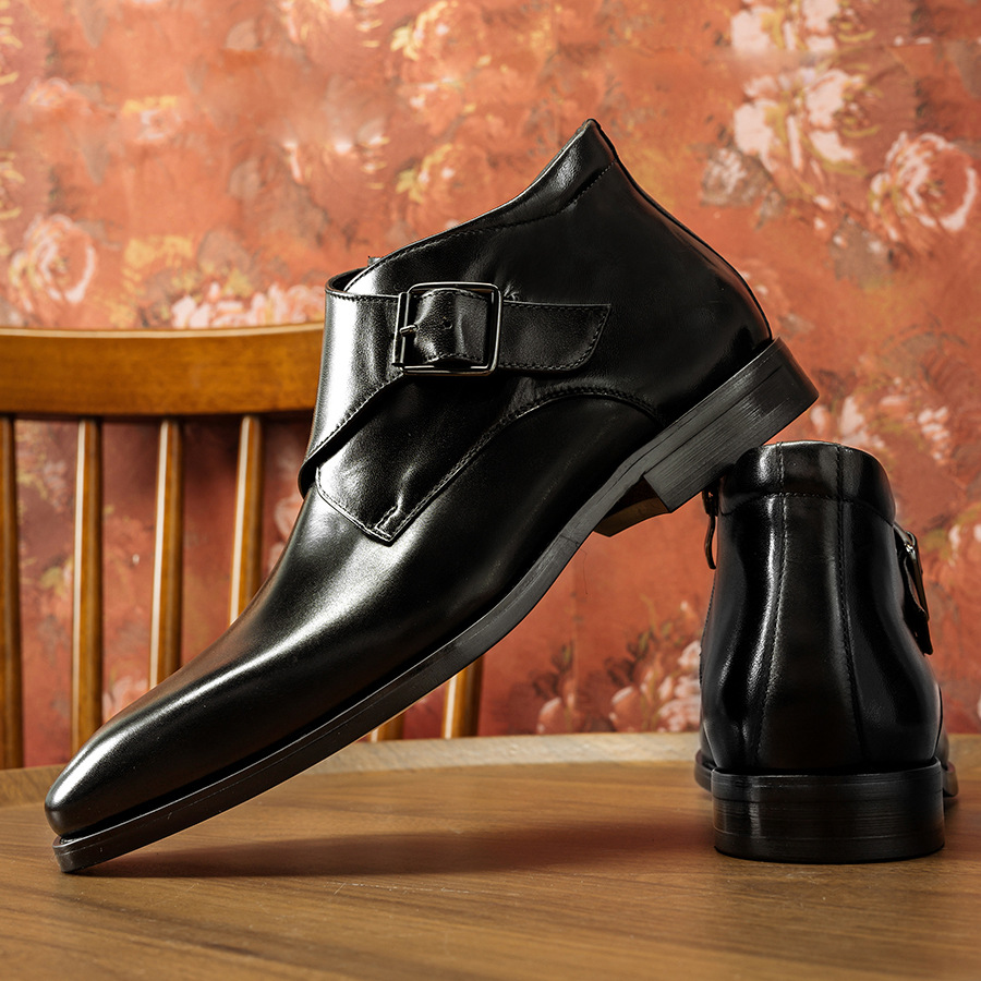 Men's Genuine Leather Square-Toe High-Top Monk Boots