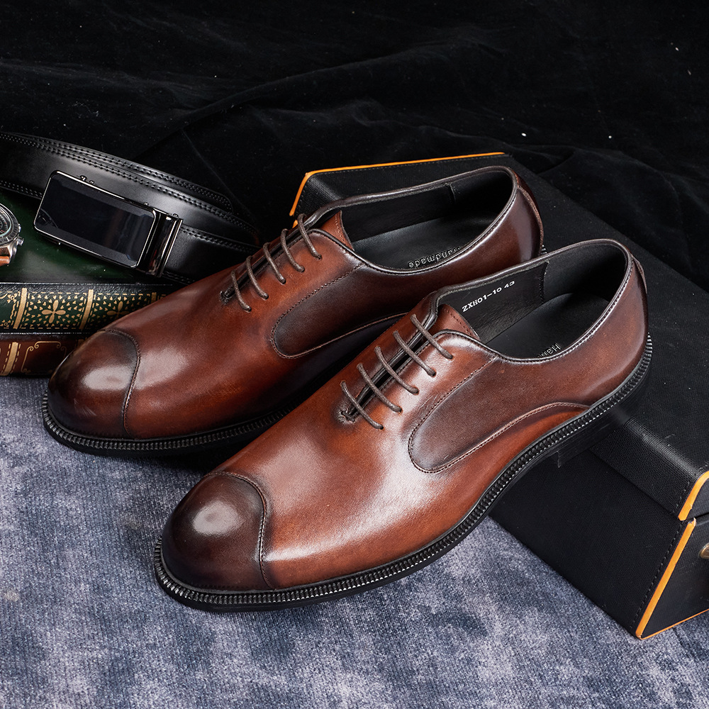 Men's Genuine Leather Pointed-Toe Business Lace-Up Oxford Shoes