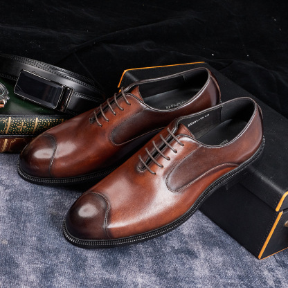 Men's Genuine Leather Pointed-Toe Business Lace-Up Oxford Shoes