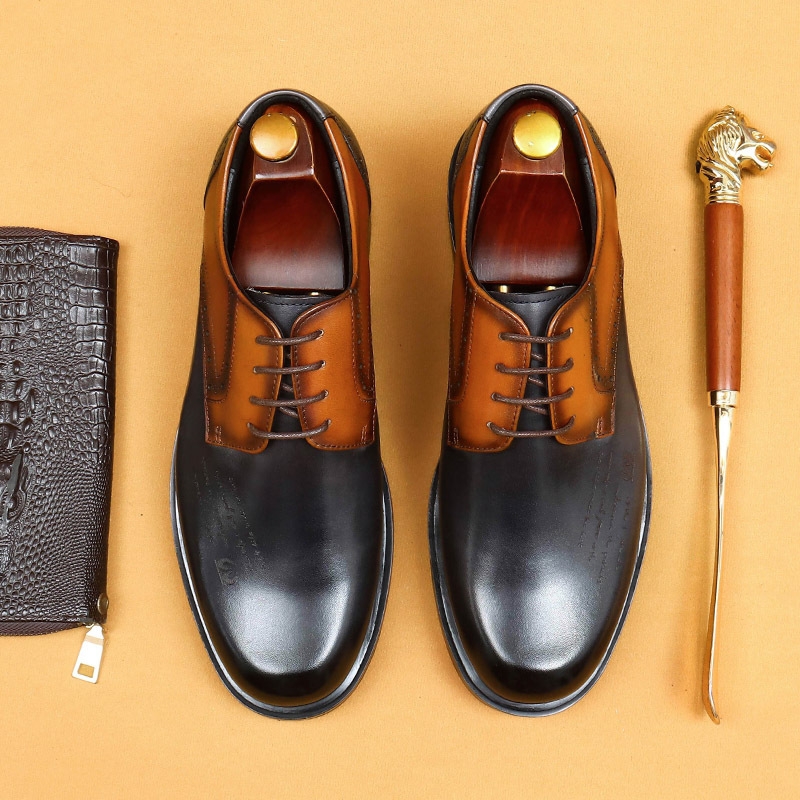 Men's Full-Grain Leather Thick-Soled Non-Slip Letter-Printed Leather Shoes