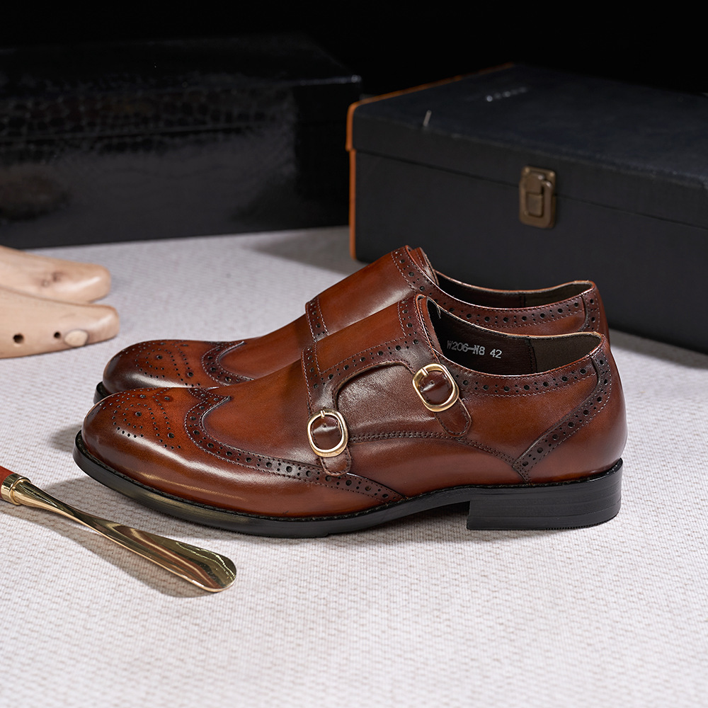 Men's Genuine Leather Brogue Lace-Up Monk Strap Shoes