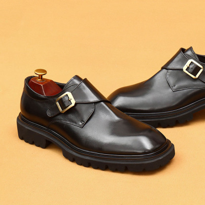 Men's Genuine Leather Square-Toe Wide-Fit Monk Shoes