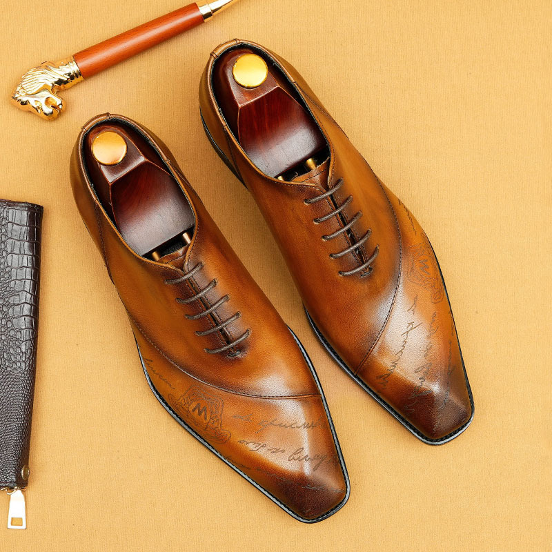 Men's Full-Grain Leather Letter Print Oxford Shoes