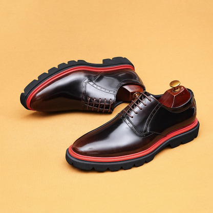 Men's Genuine Leather Glossy Thick-Sole Casual Brogue Derby Shoes