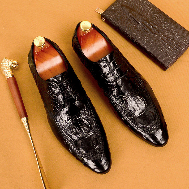 Men's leather business casual crocodile pattern trendy pointed toe formal shoes