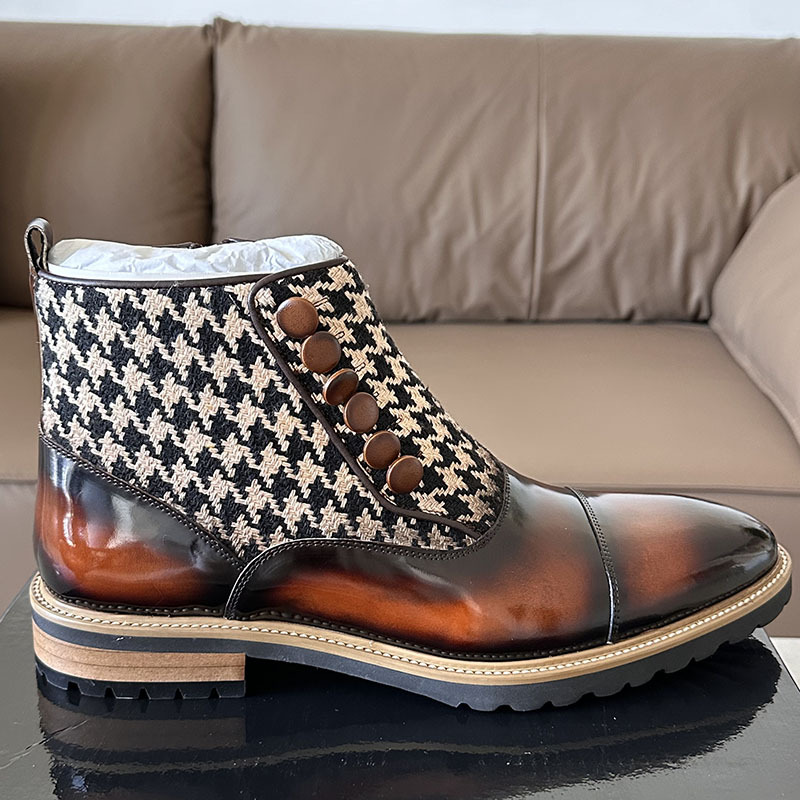 Men's Houndstooth Button Chelsea Boots, Vintage British Style Genuine Leather Patchwork Boots