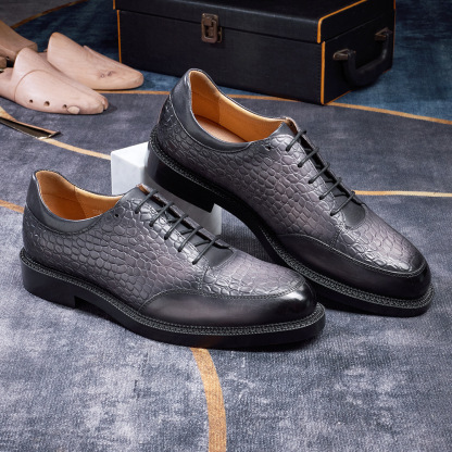 Men's top-grain cowhide crocodile pattern embossed business casual leather shoes Oxford shoes