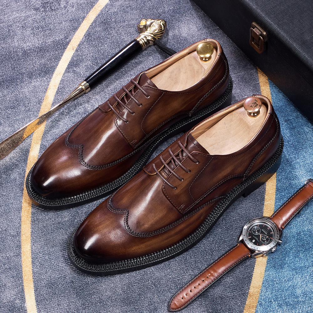 Men's Japanese-Style Full-Grain Leather Handmade Derby Shoes Business Formal Shoes