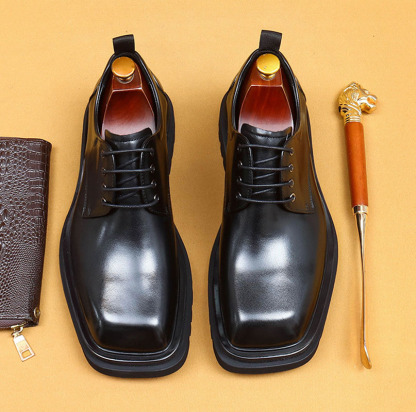 Men's Genuine Leather Square Toe Thick Sole Derby Shoes