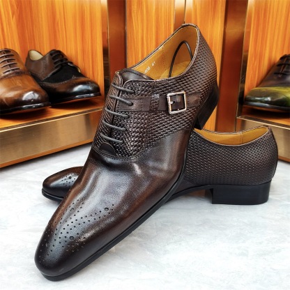 Men's Summer Genuine Leather Lace-Up Metal Buckle Brogue Oxford Shoes
