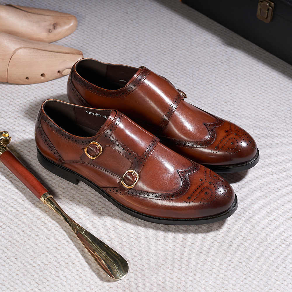 Men's Genuine Leather Brogue Lace-Up Monk Strap Shoes