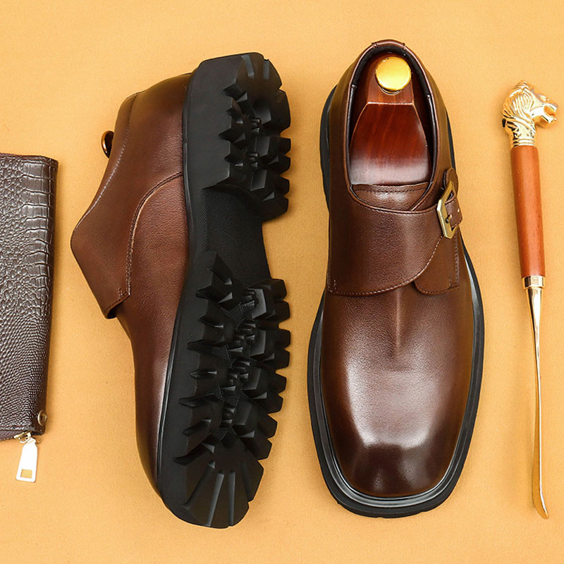 Men's Genuine Leather Square-Toe Wide-Fit Monk Shoes