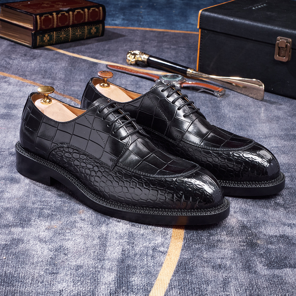Men's British-Style Genuine Cowhide Crocodile-Embossed Derby Shoes