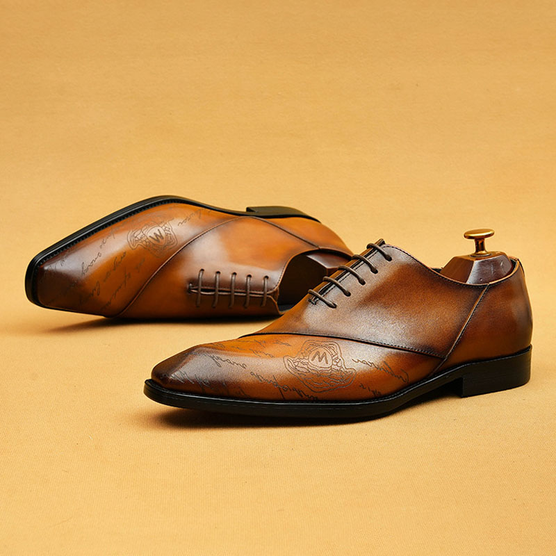 Men's Full-Grain Leather Letter Print Oxford Shoes
