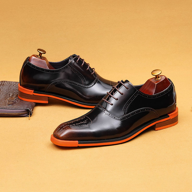 Men's Genuine Leather Letter-Printed Brogued Oxford Shoes