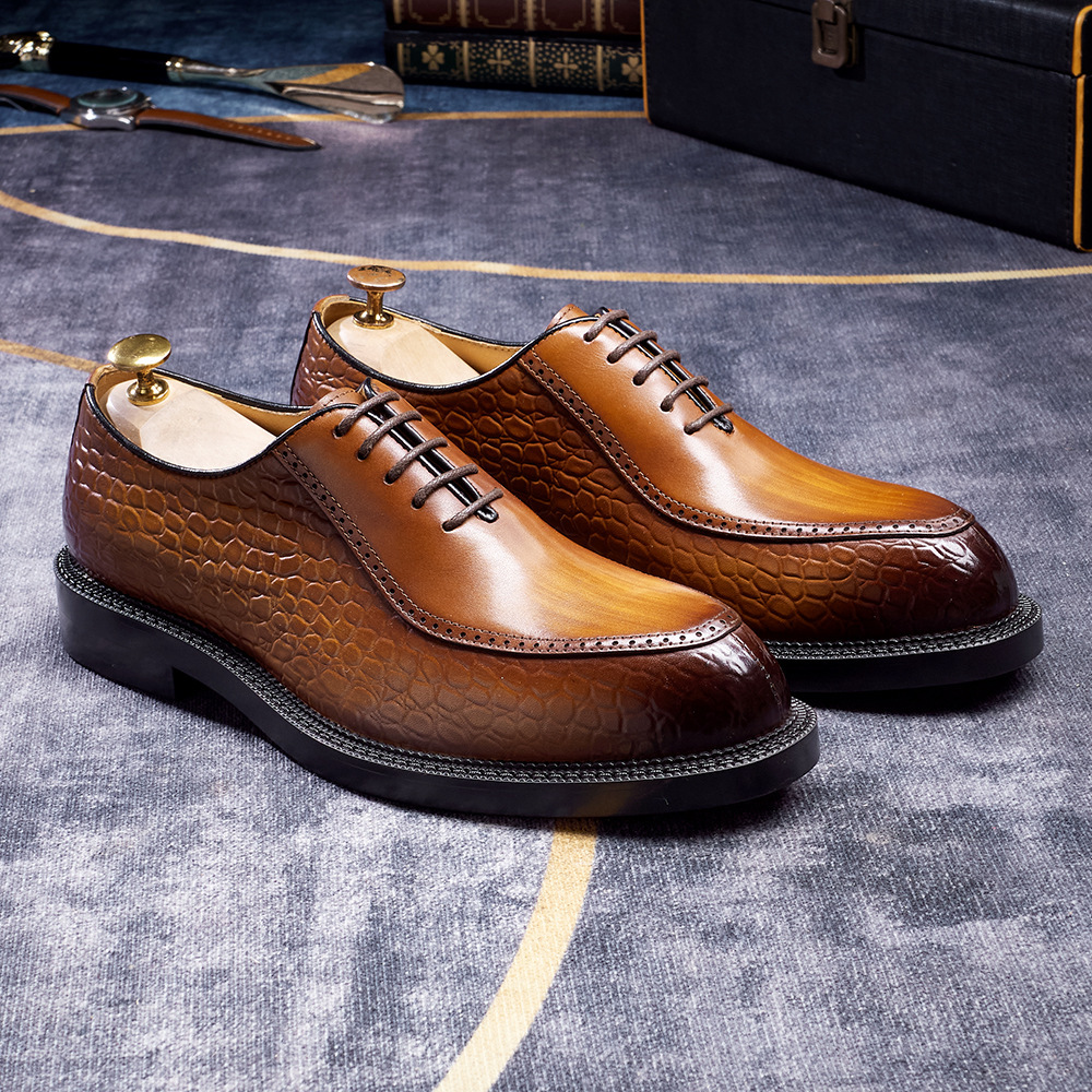 Men's Crocodile Pattern Embossed Genuine Leather Pointed-Toe Oxford Shoes Elegant Business Formal Shoes