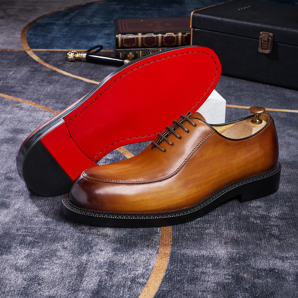 Men's Handmade Full-Grain Leather Oxford Shoes Vintage Burnished Formal Dress Shoes